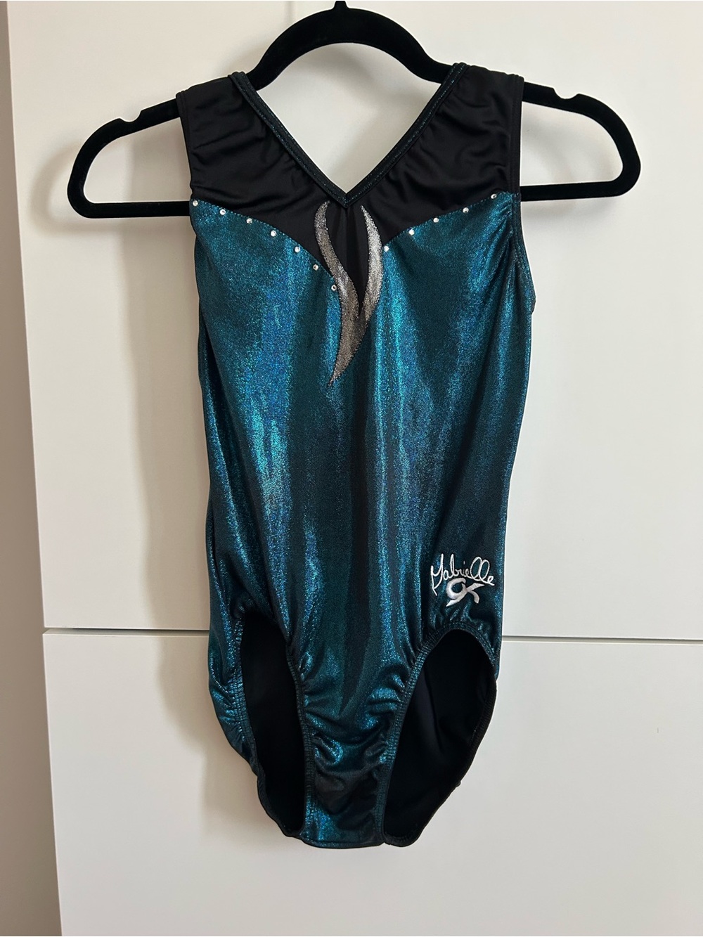 GK Metallic Teal Gymnastics Leotard with Black and Sequin Accents - Size AL